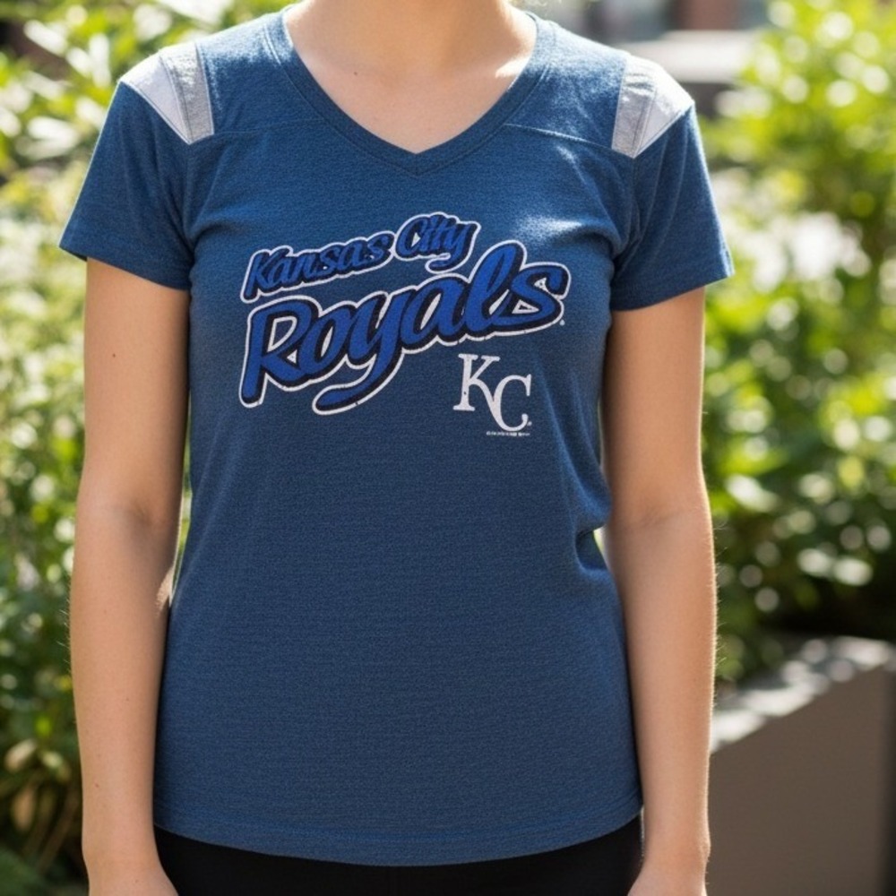 5th & Ocean Kansas City Royals V Neck T Shirt Womens Blue KC Graphic Tee L